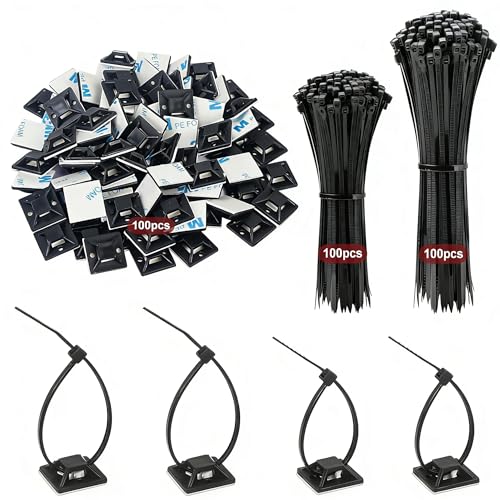 200 Stück Kabelbinder Set 120mm/150mm und 100 Stück Klebesockel für Kabelbinder Schwarz Kabelbefestigung Selbstklebend Kabelhalter Nylon Klebepads Kabelclips Klebe Halter für Heim Büro (Schwarz)