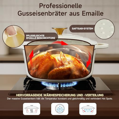 Nilpferd Gusseisen Topf Schmortopf Emaille Bräter, Cremeweiß, 28cm/6,5L – Ansicht 6