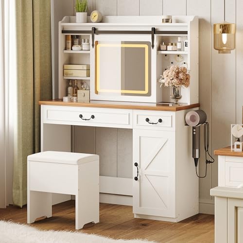 IRONCK Farmhouse Makeup Vanity Desk with Sliding Mirror and Lights,41