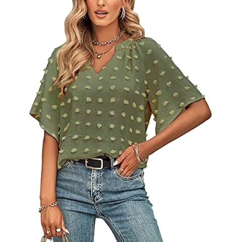 ARJOSA Women's Summer 3/4 Flutter Sleeve Chiffon Work Blouses Business Casual Babydoll Tops Dressy (Small, Green) Cover