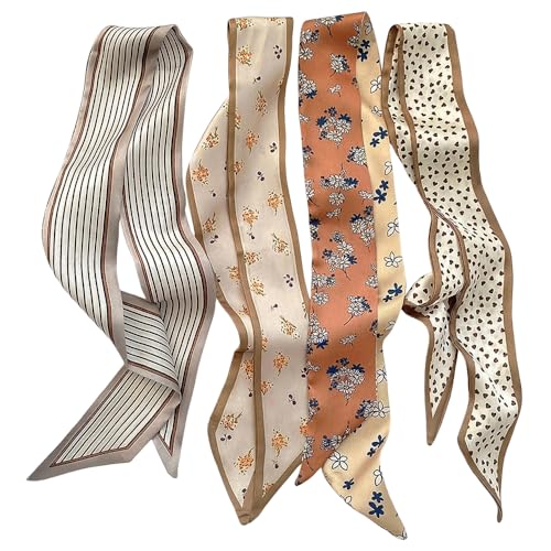 Vervanta 4Pcs Ladies Skinny Scarf Set, Satin Silk Feel Hair 
