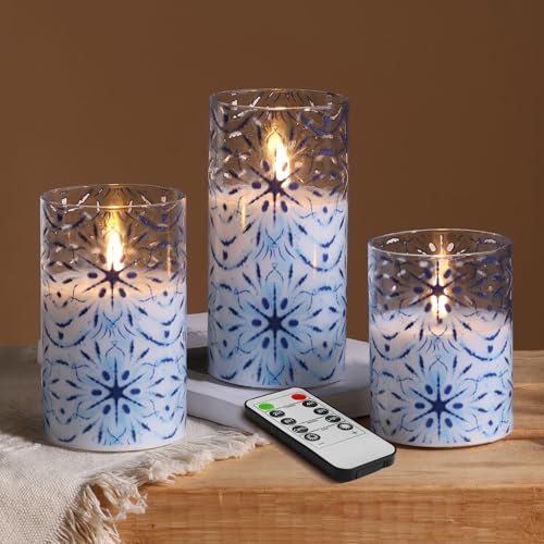 Eywamage Blue Snowflakes Flameless Candles in Glass Jars, Flickering Battery