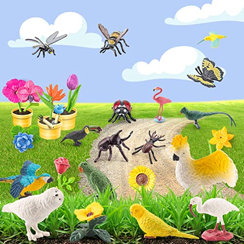 Bretoyin 24Pcs Realistic Bird Animals Figurines Plastic Flower Toys Mini Insect Toys Set For Toddlers Age 3+ Educational Project Diorama Kids Toys For Preschool Children #TOP2