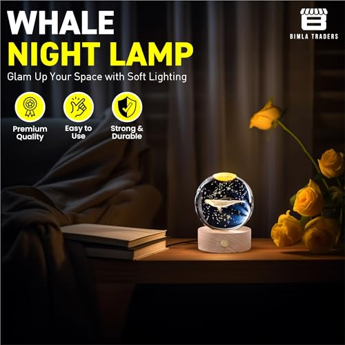 Image of 3D Whale Crystal Night Lamp, Glass Ball Table Lamp with Wooden Base, Perfect for bedrooms, Nurseries and Cozy Corners (Whale)
