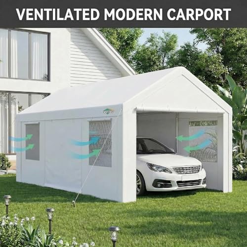 COBIZI 10x20 FT Heavy Duty Carport with Galvanized Frame, Carport Canopy with Roll-up Windows, Storage Tent with Removable Sidewalls & Doors, Built-in Sandbags for Car, Boat, Truck, White by COBIZI - Image 8