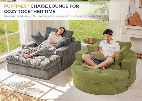 Image of MAXYOYO Modular Sectional Chaise Lounge Sofa, 2 Sets Upholstered Lounge Chair with Ottoman, Comfy Round+ Square Couch with Layered Cushion, Tufted Sleeper Chair for Living Room, No Assembly, Green