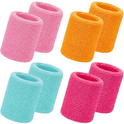 Image of WILLBOND 8 Pack Wrist Sweatbands Sports Wristbands Tennis Sweatbands Neon 80s Thick Cotton Gymnastics Sweat Band Athletic Football Soccer Sports Wristband for Men Women Party