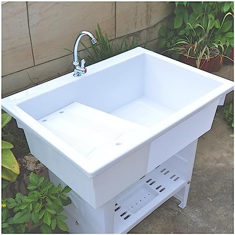 Portable Hand Washing Station - Freestanding Sink with Hot & Cold Faucet, Utility Tub & Laundry Washboard for Garage, Basement & Garden - Plastic, Gray, Single Cold