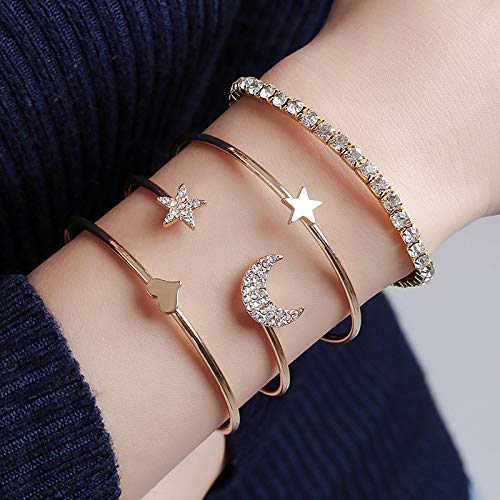 Jovono - Brazaletes abiertos y pulsera ancha con diamantes de imitación para...