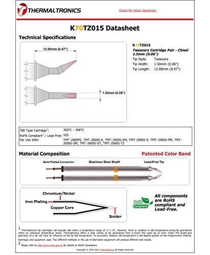Image of Thermaltronics K70TZ015 Tweezers Cartridge Pair - Chisel 1.5mm (0.06in)