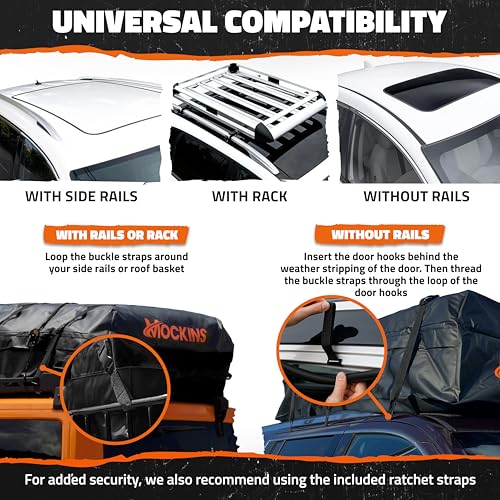 Mockins XXL 50 CuFt Cargo Roof Bag | 85\"x50\"x20\" All-Weather Soft Shell Vinyl Car Top Carrier Without Roof Rack | Waterproof Rooftop Cargo Bag for Top of Car Storage | Roof Rack Bag w/Accessories