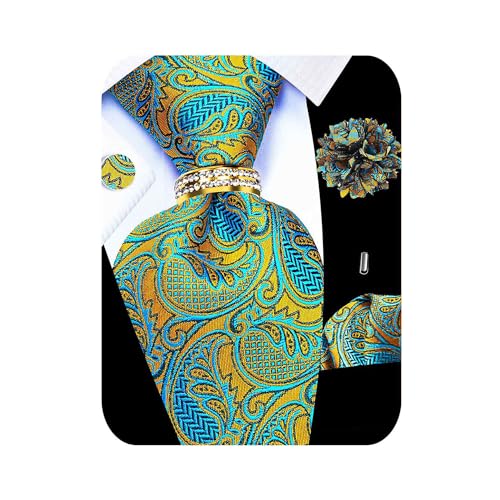 Image of 5PCS Tie and Pocket Square for Men, Silk Necktie and Handkerchief Cufflinks with Gold Ring and Lapel Pin Set