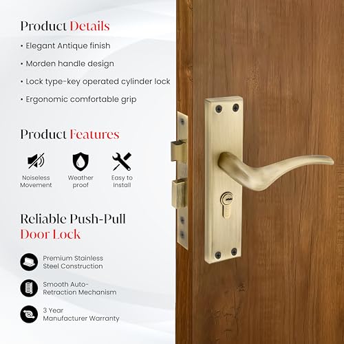 Image of LAPO Mortise Door Lock for Home Main Door & Bedroom with Handle | Heavy-Duty 60mm Cylinder | 45x45mm Body | 3 Brass Keys | Left-Right Fit 30-50mm Door Home Office Hotel | Antique Finish |CY-101