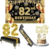 82nd Birthday Decorations Men Women with Banner, Black and Gold Table Cloth, Number Balloons, Sash, Cake Topper and Candles