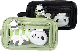 パンダ ポーチ ペンケース 筆箱 ぬいぐるみペンダント クリップ シール付き 痛ペンポーチ 大容量 クリア 緑 黒 収納ポーチ バッチ入れ シンプル 持ち便利 通学 誕プレ ギフト (黒)