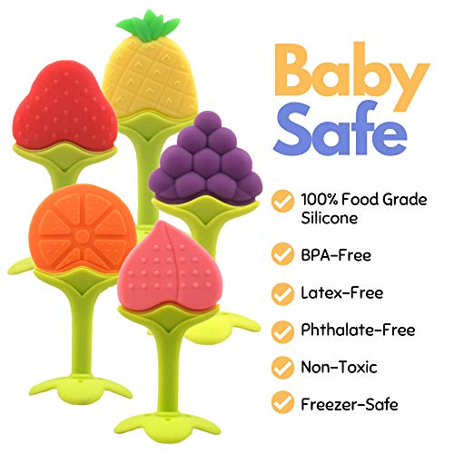 Baby Teething Toys, Soft Silicone Fruit Teether Set With Pacifier Clip / Holder For Toddlers & Infants, 5 Pack #TOP1