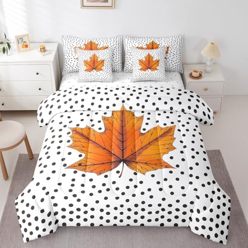 Castle Fairy 7 Pieces Autumn Maple Leaves Comforter Set Queen,Black Polka Dot Bedding Set for Kids Teens Adults,Abstract Art (Comforter+Fitted+Flat Sheet+2 Pillowcases+2 Throw Pillow Covers)