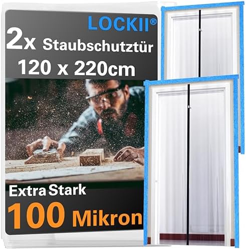LOCKII® 2x Staubschutztür mit Reißverschluss 1,20 x 2,20 m | Extra Stark 100 mic | Wasserdicht & Staubdicht | Reißverschlusstür Staubschutzwand Folientür für Renovierung & Umbau