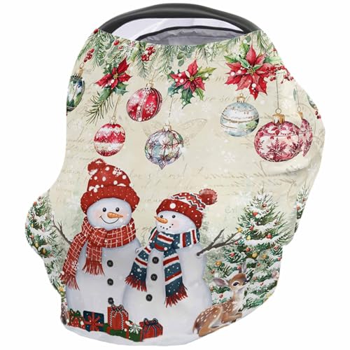 Nursing Cover for Breastfeeding Scarf, Retro Letter Christmas Ornament Snowman Poinsettia Baby Car Covers Super Soft Multi Use for Canopy Shopping Cart Cover Blanket Stroller Cover