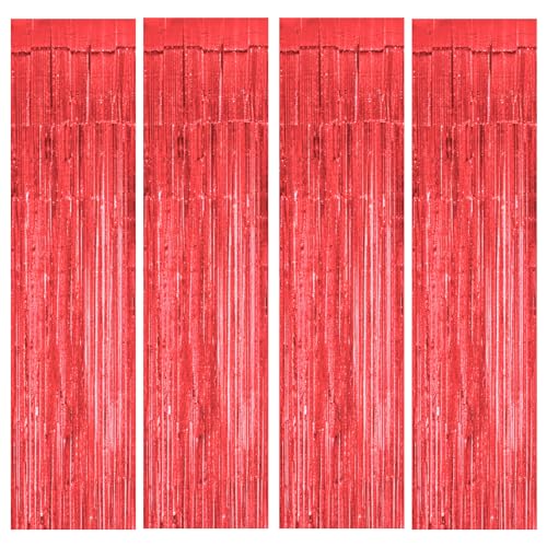 Image of 4 Pcs Foil Curtain Happy Birthday Decoration Kit Red for Anniversary Baby Shower Boys Girls Kids Party Pack Items Set Combo Aluminium Metallic Foil Fringe Shimmer Backdrop