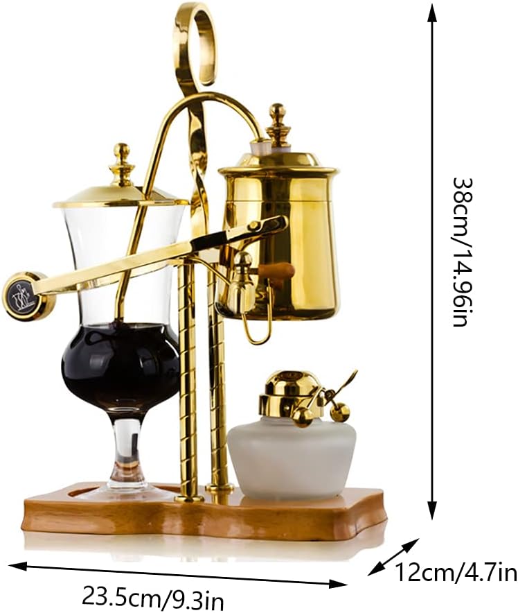 LOYALHEARTDY Syphon Coffee Maker Set Siphon Brewer Belgian Balance Siphon Classic Retro Coffee Maker with Balance Lever and Wooden Board Base Suitable for 4 Persons to Share Gold