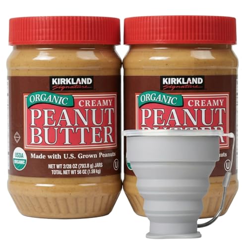 Kirkland Signature Organic Peanut Butter, Creamy, 28 oz (2 Pack) – USDA Organic Peanut Butter. Bundle with MORALZA Silicone Collapsible Cup 200ml - 2 Items.
