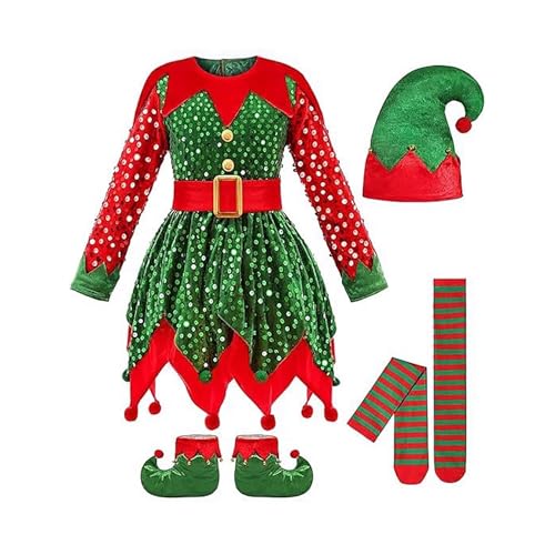 Disfraz de duende de Navidad para niños, vestido de elfo de Navidad, disfraz de elfo de Navidad, bebe ropa con falda, sombrero, calcetines cosplay conjunto completo con gorro traje para carnaval