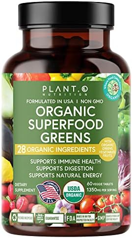 Plant.O Organic Super Greens [Fruit & Veggie Supplement] High Absorption Antioxidants from Green Powder with Alfalfa, Beet Root, Tart Cherry for Immune Support, Gut Health, Energy, 60 Veggie Tablets