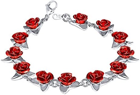 U7 Girls Flower Charm Bracelet Platinum Plated Chain Dozen Red Rose Floral Bracelets for Women