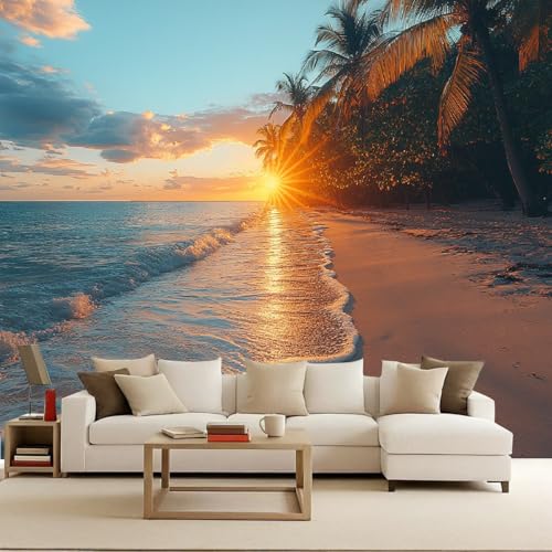 Papel Pintado Fotográfico 100x70 cm 3D Atardecer Paisaje Océano Playa Palmera Patrón Tejido No Tejido Murales Mate‌ Fotomurales Moderna Decoración de Pared Renovación Para Salón Dormitorio Oficina