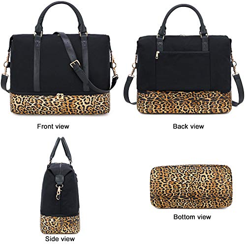 CAMTOP Canvas Weekender Bag, Travel Duffle Women Ladies Carry-on Tote with Shoe Compartment and Luggage Sleeve (Leopard-Black)