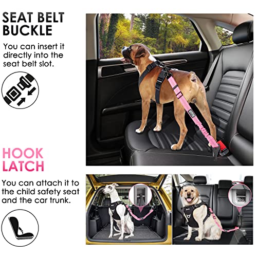 SlowTon Dog Seat Belt, Adjustable Dog Safety Belt Leash, 2 in 1 Latch Bar Attachment Dog Car Seatbelt with Elastic Nylon Bungee Buffer, Reflective Nylon Belt Tether(Pink,35.5in)