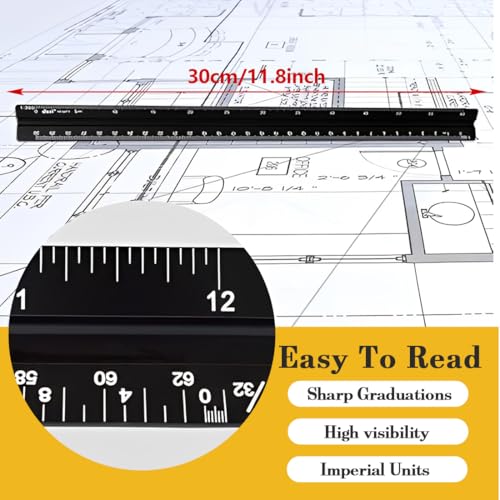 KEPYATI Maßstab Lineal, Aluminium, Dreieckig, Metrische Skalen 1:20, 1:25, 1:50, 1:75, 1:100, 1:125, Standard, 30Cm Lang, Für Architekten, Studenten, Zeichner Und Ingenieure, Schwarz