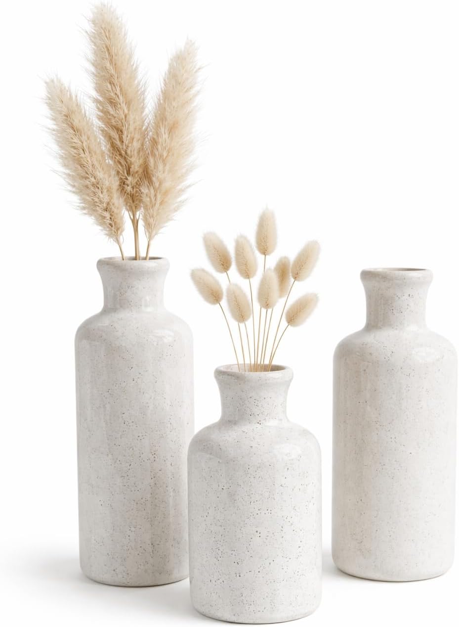 Small White Speckled Ceramic Vase Set of 3, Decorative Modern Vases for Shelf, Table, Living Room, Dried Flowers