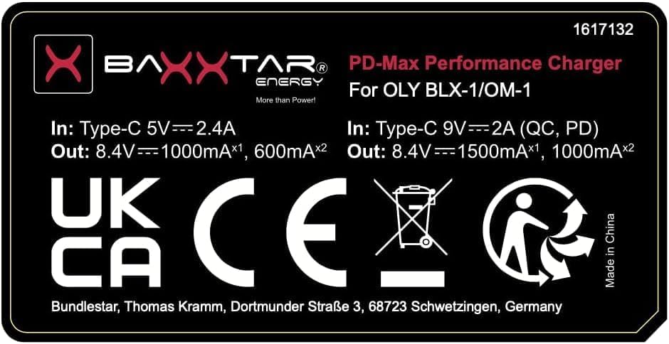 Baxxtar MaxProtect BLX-1 Batteria (2400mAh sensore NTC & alloggiamento protettivo) con caricatore PD-Performance USB-C (1500mA) compatibile con Olympus OM-1 OM1 OM-3 OM3 BLX1 BL-X1 BL X1 BLX 1