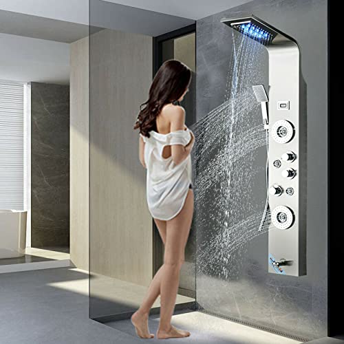 Sistema de torre de panel de ducha de acero inoxidable con cabezal de ducha LED y grifo de masaje miniatura 1