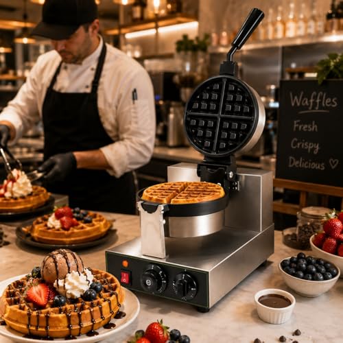 Image of Round Rotating Waffle Machine, Commercial Electric Belgian Waffle Maker, Rotary Waffle Baker for Cafe Bakery Restaurant