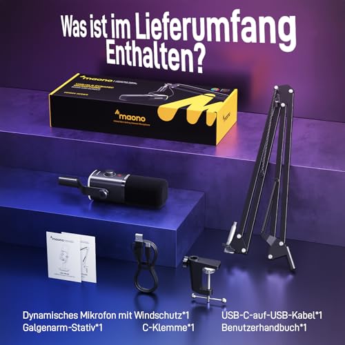 MAONO XLR-USB Streaming Mikrofon mit Arm: Dynamisches Mikrofon mit Software, Stummschalttaste, Gain-Regler, für Podcast, PC Gaming, Aufnahme, YouTube-Inhaltserstellung, Chat, PS4-5 Mac Mixer (PD100XS)