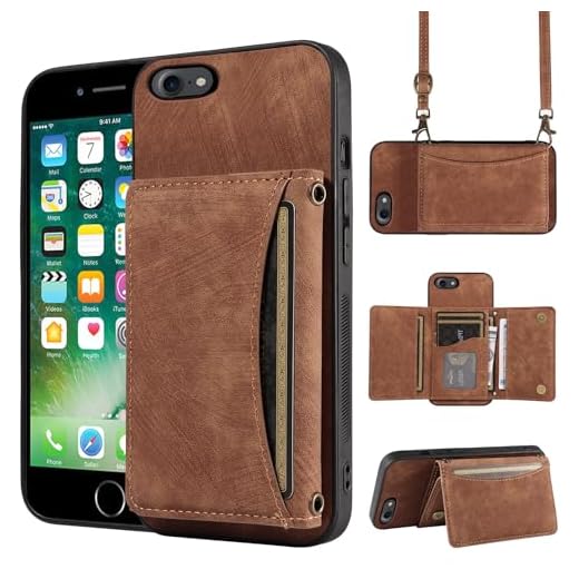 Phone Case For iPhone 6 6s Wallet Cover with Crossbody Shoulder Strap and Leather Credit Card Holder Pocket Slim Stand Cell Accessories iPhone6 Six i6 S iPhone6s i Phone6s Phone6 6a S6 6SE Brown