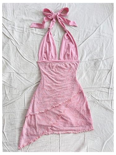 Verdusa Women's Vintage Leopard Print Layered Halter Dress Floral Asymmetrical Ruched Backless Mini Dress2