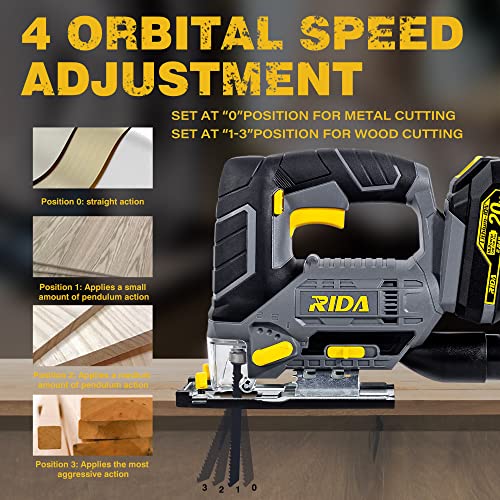 Rida Cordless Jig Saw, 20V Jigsaw With 2.0Ah Battery & 1 Hour Fast Charger, 0-2700 Spm Adjustable Speed, ±45° Bevel Cutting With Led Light, 4Pcs Blades For Woodworking #TOP1