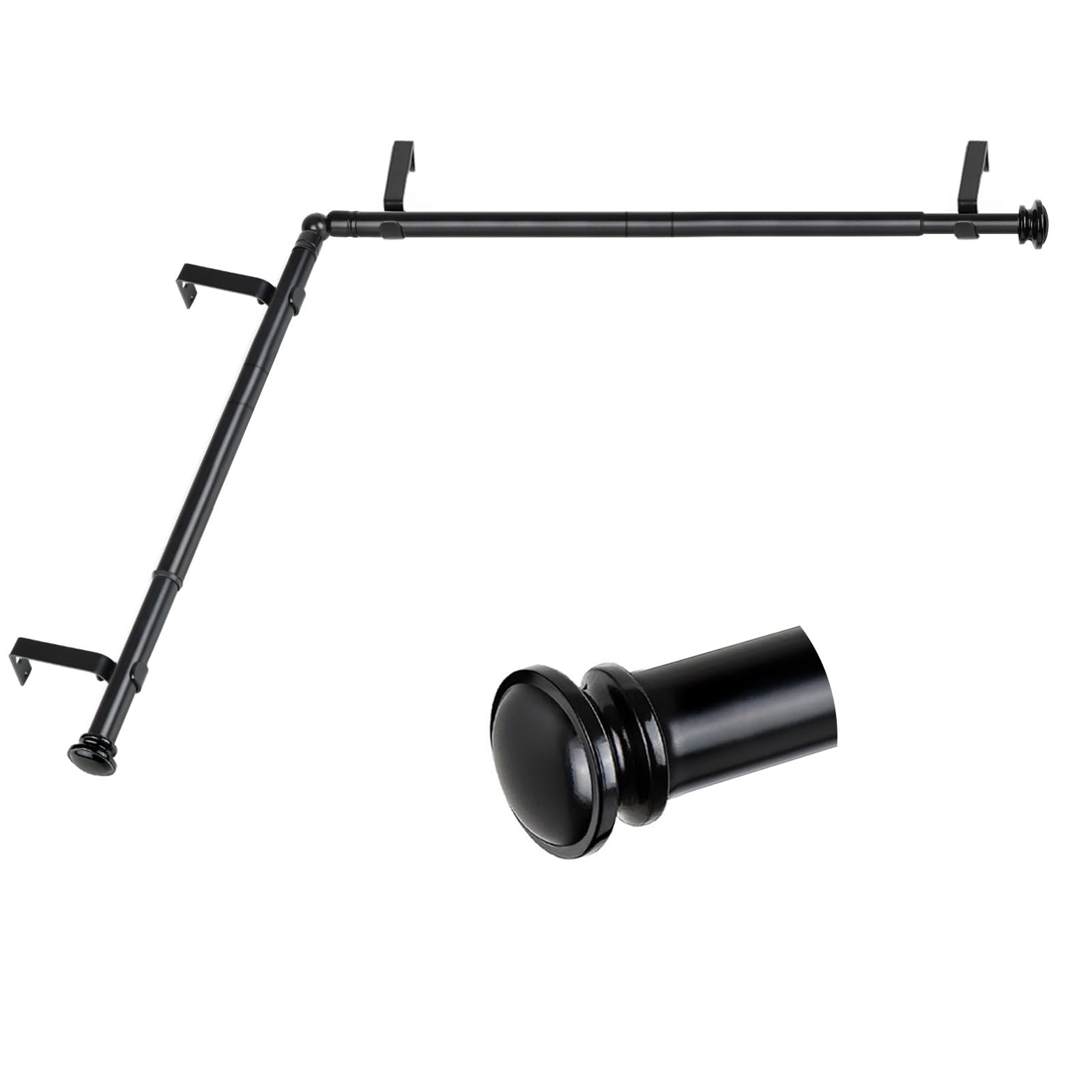 Photo 1 of TONIAL Corner Curtain Rods, 32-86 Inch Center Rod for window, 3/4 Inch Side Rod for windows 20-82 Inch Decorative Drapery Rods with Small Cap Finial, Black