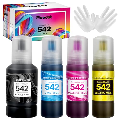 ecodot for 542 Refill Ink Bottle Remanufactured for Epson 542 Ink Refill Bottles for Ecotank Used for Pro ET-5800 ET-5850 ET-5880 ET-16600 ET-16650 (1 Black,1 Cyan,1 Magenta,1 Yellow,4 Pack)