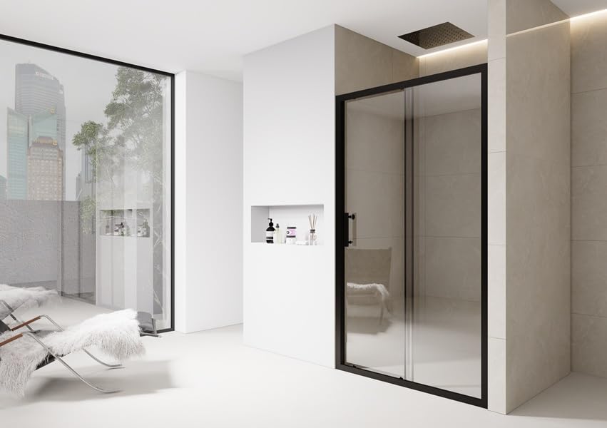 Bathroom Sliding Door Shower Enclosure Screen Walk in 6mm Glass Door Cubicle (Clear Glass Black Trim, 1400mm)
