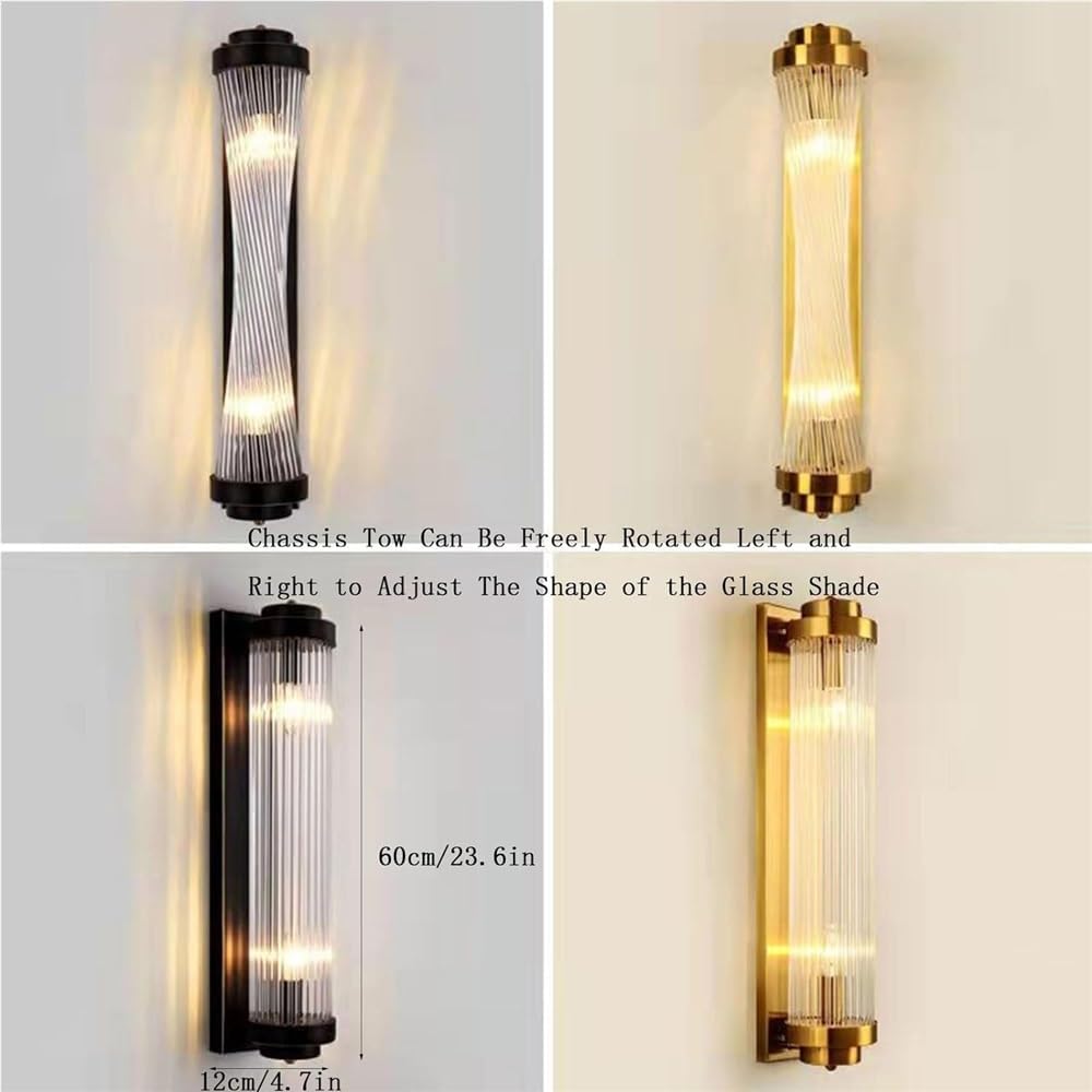 Creative Rotatable Deformation Wall Lamp Clear Ribbed Glass Tube Wall Sconces Vintage Wall Mounted Lighting Fixture for Bathroom Vanity Living Room Bedroom,Black-60cm