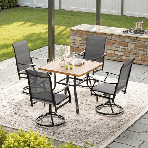 Image of Soohow 5-Piece Outdoor Dining Set, Patio Dining Table and Chairs Set for 4, 4 x Swivel Patio Chairs and 35 inchx35 inch Dining Table with 1.57 inch Umbrella Hole, Wood-Like, Ideal for Poolside, Backyard, Deck