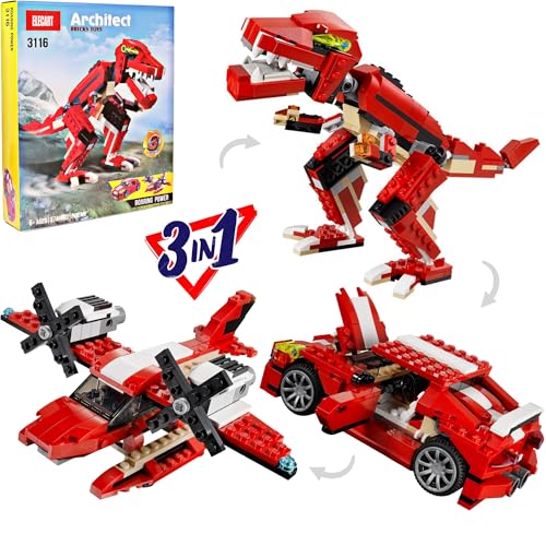 Image of Roaring Power 3-in-1 Dinosaur T. rex Toy Blocks Sports Car | Action Dinosaur Figures Build and Rebuild Toys | Additional Brickable Models | Ideal for Kids 6+ | Fun Educational Building Blocks