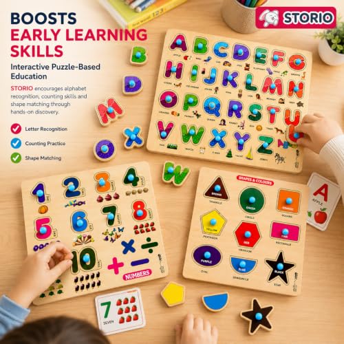 Image of Storio Wooden ABCD Learning Board for Kids, Alphabet Number Shape Puzzle Board, Montessori Educational Toy, Wooden Activity Puzzle for Toddlers Boys Girls Age 2 3 4 5 Years