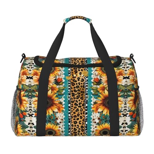 Foldable Travel Duffel Bag for Men and Women Ethnic Sunflower Leopard Pattern Overnight Bag Cheetah Workout Duffle Sports Bag Lightweight Weekender Bag for Airplane for Trip, Gym, Yoga