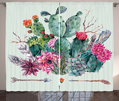 🛒 Crazy Deals Ambesonne Cactus Curtains, Spring Garden Boho Style Bouquet of Thorny Plants Blossoms Arrows Feathers, Living Room Bedroom Window Drapes 2 Panel Set, 108" X 84", White Pearl